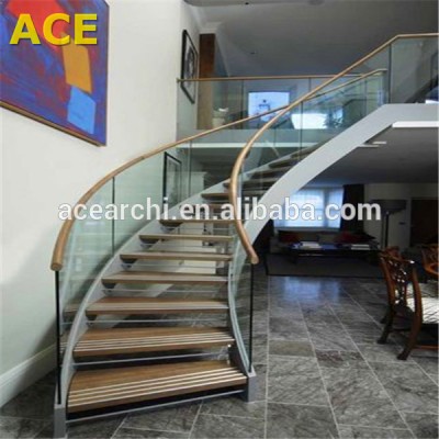 Modern Style Solid Wood Tread Curved Stair with Frameless Glass Railing